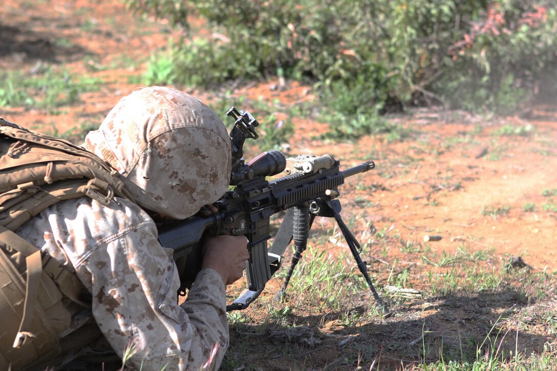 A rifleman with Fox Company, 2nd Battalion, 4th Marine Regiment, provides suppressive fire during a squad and fire team maneuver exercise aboard Marine Corps Base Camp Pendleton, Calif., April 2, 2014. The exercise allowed Marines from the company to re-familiarize themselves with their weapon systems as well as 60 mm mortars, M240 B machine guns, Light Anti-tank Weapon (LAW) and while practicing squad and fire team tactics.

