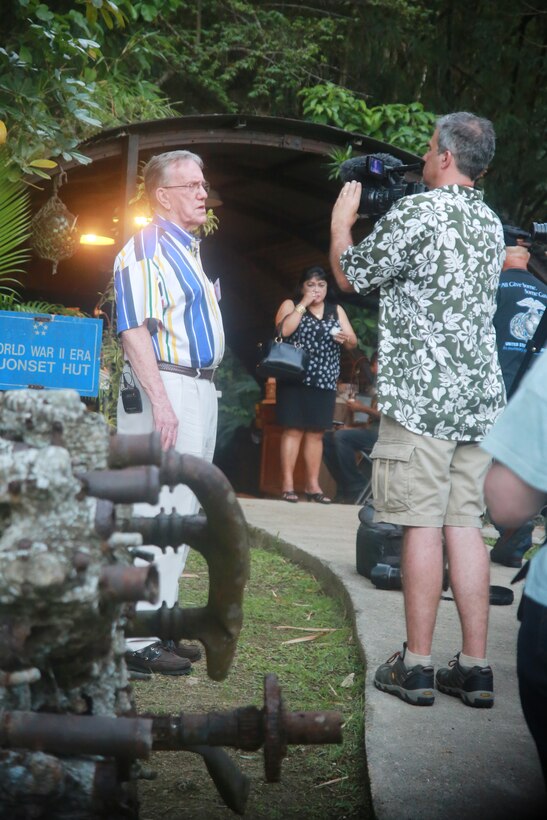 Warren Wiedham, Retired Colonel, is interviewed during the Iwo Jima Association of America’s sendoff of their historical tour, March 20, 2014 Guam.  The veterans and other participants toured historical islands including Iwo Jima, culminating at the gathering at the John Gerber Pacific War Museum.