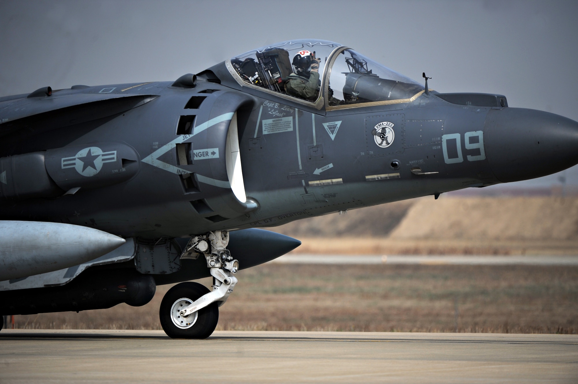 OSAN AIR BASE, Republic of Korea – A Marine AV-8B Harrier prepares for take-off on Osan Air Base, Republic of Korea, March 28, 2014. The Harrier is from VMA-223 out of Marine Corps Air Station Cherry Point, N.C. The Marines are on Osan to participate in Exercise Pacific Thunder, a joint, combined combat search and rescue exercise that will run April 14 – 18. The exercise will include A-10s and F-16s from the 51st Fighter Wing, F-16s from the 8th Fighter Wing, AV-8Bs from USMC's VMA-223, HH-60 Pave Hawks from the 18th Wing and numerous other ROKAF aircraft and accompanying personnel. (U.S. Air Force photo by Senior Airman Siuta B. Ika)