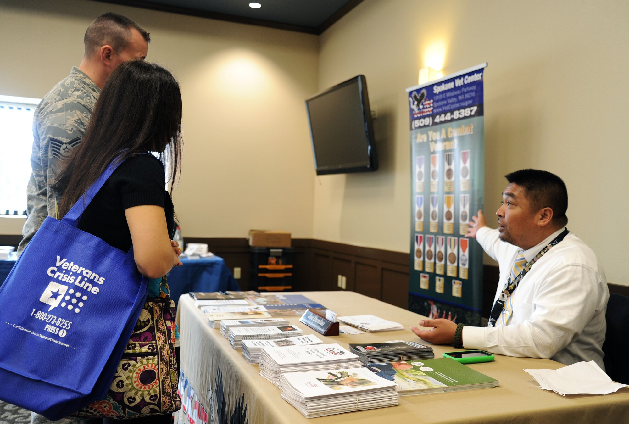 Several agencies set up booths for Airmen to explore and ask questions to during the Wounded, Ill and Injured event at Fairchild Air Force Base, Wash., April 4, 2014. Agencies include the Disabled American Veterans, Fairchild Education Center, St. Lukes outpatient therapy, Veterans Affairs Vet Center, Northwest neurobehavioral, Protection K-9, Health and Wellness Center, Family Advocacy, SARC, Mental Health, Recovery Care Coordinator and more. (U.S. Air Force photo by Airman 1st Class Janelle Patiño/Released)