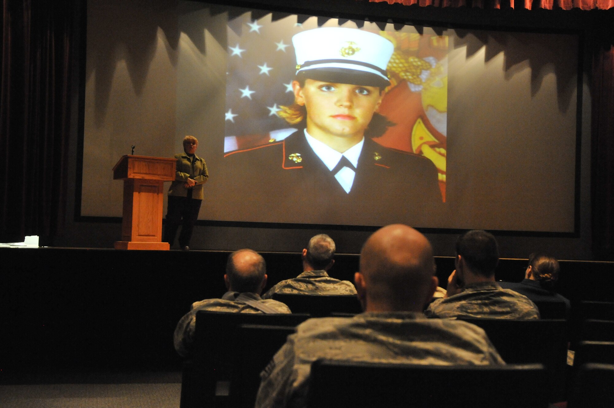 Mary Lauterbach shares her daughter's story with Airmen at Fairchild Air Force Base, Wash., April 7, 2014. Lauterbach is the mother of sexual assault victim Lance Cpl. Maria Lauterbach who was subsequently murdered by the accused, a fellow Marine. Mary has been traveling around the country telling this story to bring light to sexual assault in the military and how members are cared for during the investigation process. (U.S. Air Force photo by Senior Airman Mary O'Dell/Released)