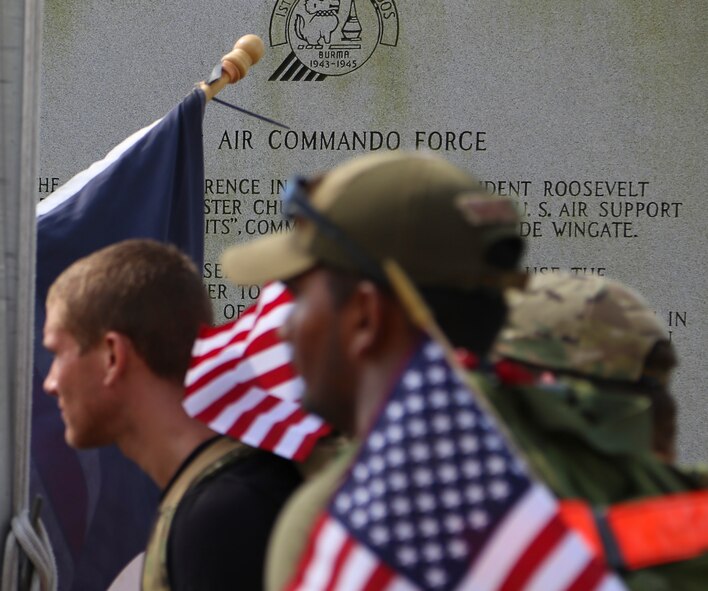 Airmen gather at the Memorial Air Park at Hurlburt Field, Fla., April 4, 2014. Friends, family and supporters joined the Air Commandos to show support for their 450 mile journey, honoring Air Force Special Operations Command members killed since 9/11.
(U.S. Air Force photo/Staff Sgt. John Bainter)
