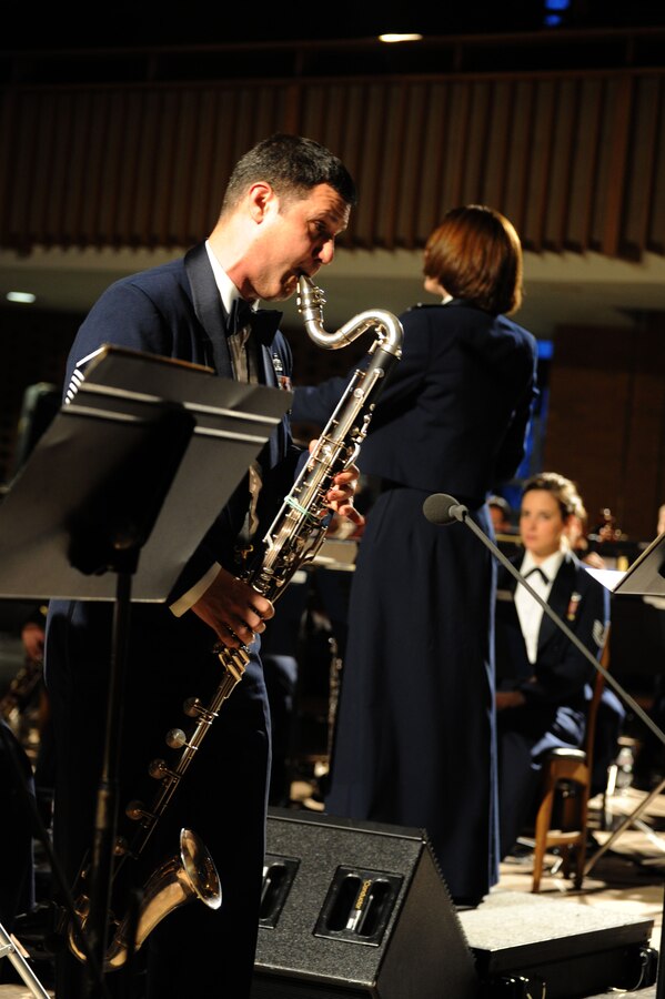 Master Sgt. John Romano performs during the U.S. Air Force Band’s 2014 Spring Concert Tour show at Valparaiso University in Valparaiso, Ind., April 7, 2014. Romano, a native of Bluefield, W .Va., is a clarinetist in the Concert Band, the Band’s largest music ensemble. In addition to his performance duties, he serves as flight arranger for the Concert Band. (U.S. Air Force photo/Master Sgt. Tammie Moore)