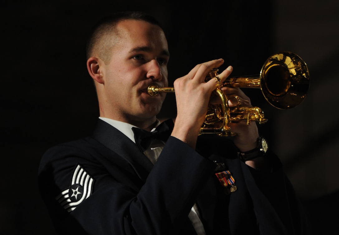 Tech. Sgt. Kristopher Westrich performs during the U.S. Air Force Band’s 2014 Spring Concert Tour at Valparaiso University in Valparaiso, Ind., April 7, 2014. Westrich, a native of Rochester, N.Y., is a trumpeter with the Concert Band, the Band’s largest ensemble. He is a graduate of Northwestern University. (U.S. Air Force photo/Master Sgt.  Tammie Moore)
