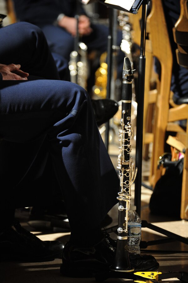 Senior Master Sergeant Brian G. McCurdy’s clarinet stands ready during the U.S. Air Force Band’s 2014 Spring Concert Tour at Valparaiso University in Valparaiso, Ind., April 7, 2014. McCurdy is a Concert Band clarinetist .This tour features the Concert Band, the largest ensemble of the Band, which performs a wide variety of repertoire from light classics, popular favorites and instrumental features, to classical works. (U.S. Air Force photo/Master Sgt. Tammie Moore)