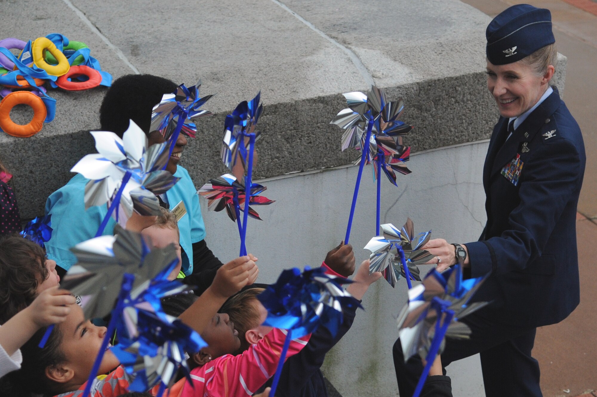 Col. Jeannie Leavitt, 4th Fighter Wing commander, speaks with children from
Seymour Johnson's Child Development Center, April 8, 2014 on the steps of
City Hall, Goldsboro, NC. Leavitt spoke at the Goldsboro Child Abuse
Prevention Proclamation Ceremony. This year's theme is "Caring Communities
Make a Difference." (U.S. Air Force photo/Tech. Sgt. Phillip Butterfield)
