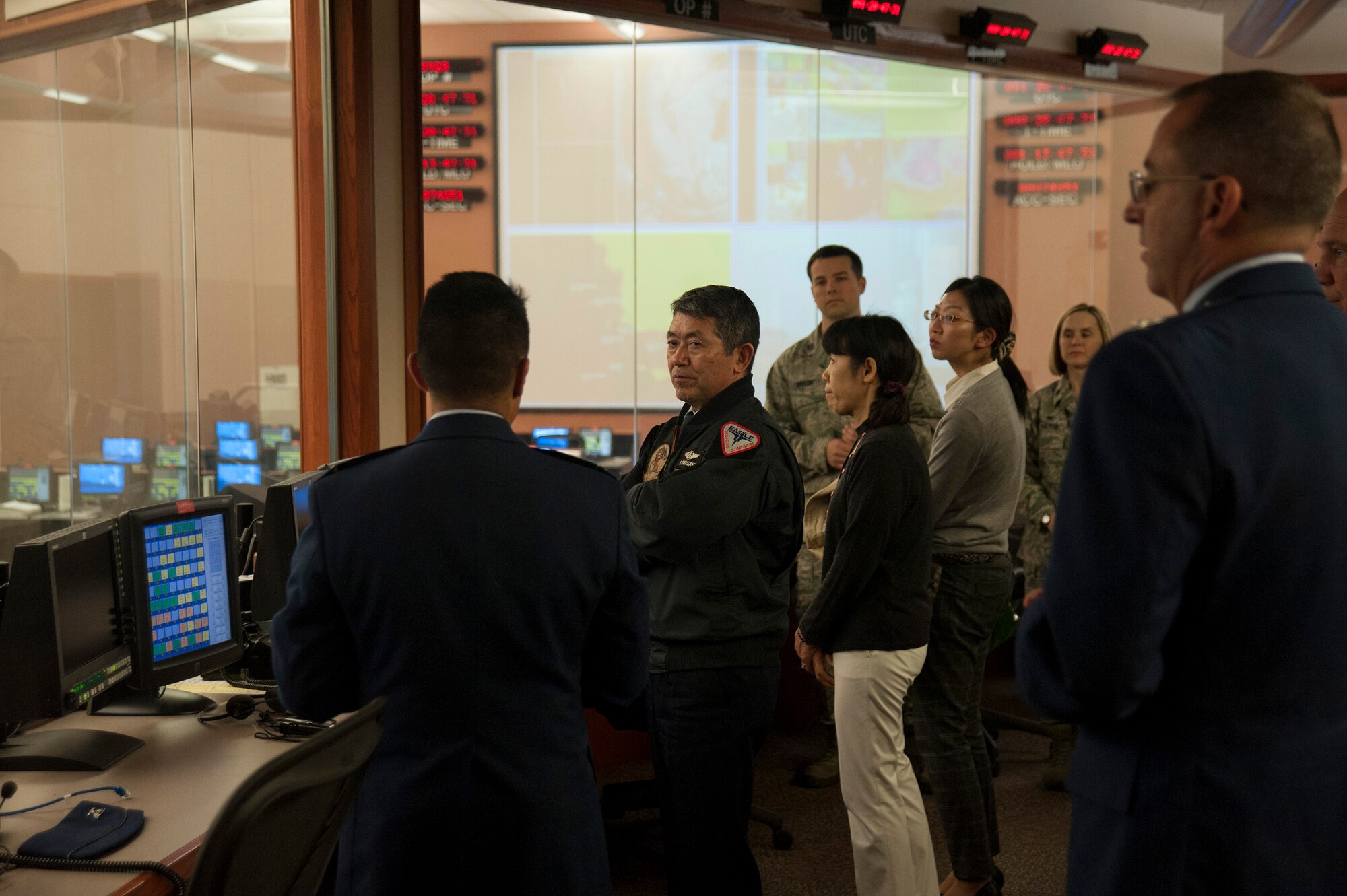General Shigeru Iwasaki, Chief of Staff, Joint Staff Japanese Self Defense Forces, tours the Western Range Operations Control Center April 1, 2014, Vandenberg Air Force Base, Calif. General Iwasaki, his wife and members of his senior staff visited Vandenberg to learn more about the mission of the 14th Air Force and 30th Space Wing. (U.S. Air Force Photo/Michael Peterson)