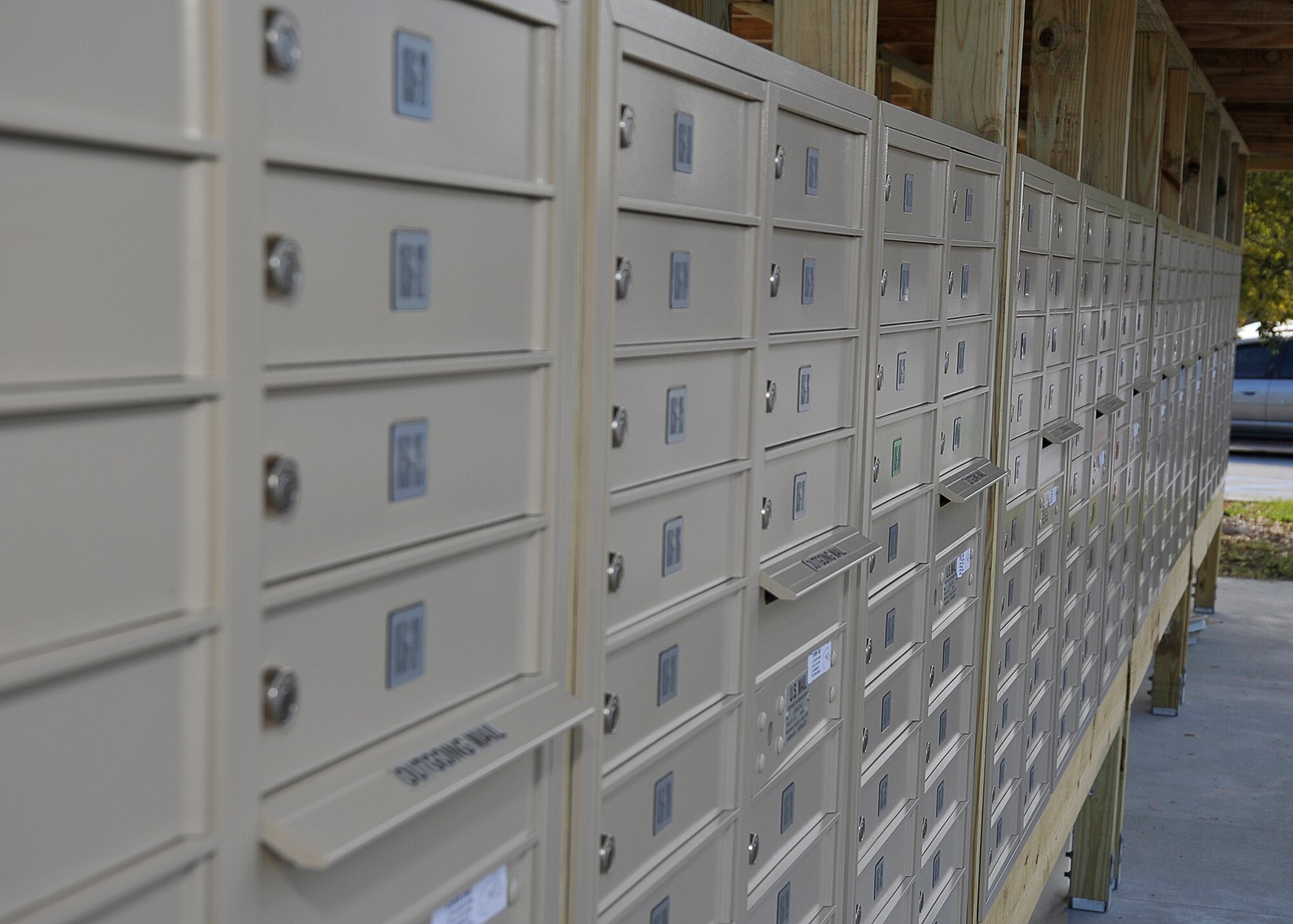 The dormitory residents’ centralized mailbox stands ready after completion April 3 in front of the dorm management building, and will soon be in service after the renovations on the new post office are complete. (U.S. Air Force photo by Airman 1st Class Solomon Cook)