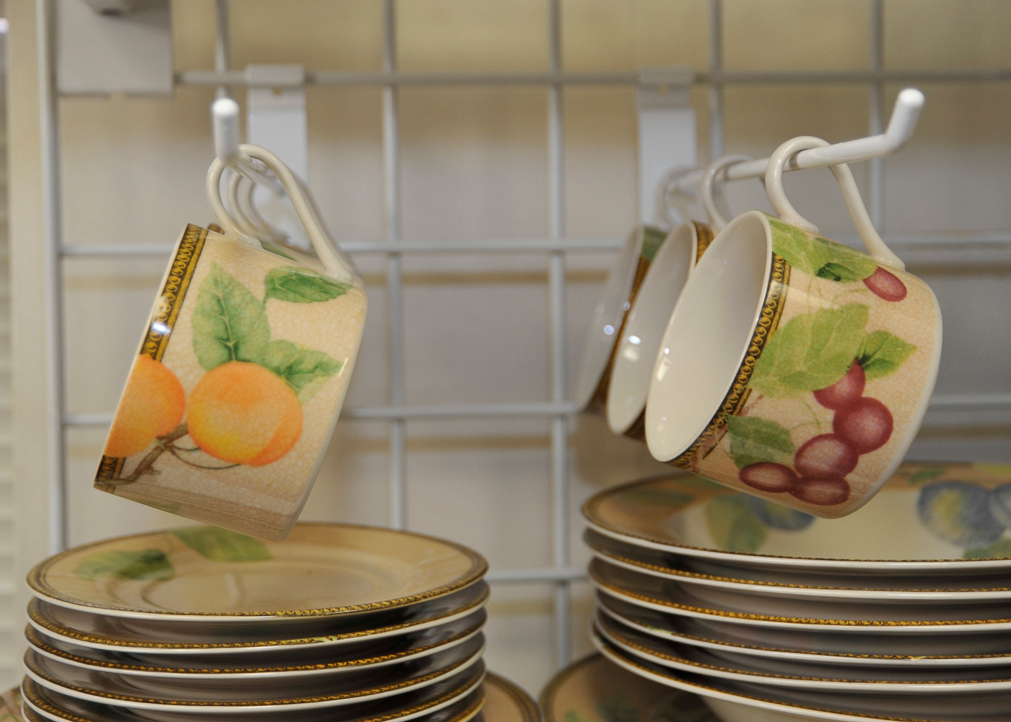 Donated dish sets stand ready for Airmen to take home April 8 at the Airman’s Attic. The Airman’s Attic gives Airmen the opportunity to take up to five donated, lightly used, items a month. . (U.S. Air Force photo by Airman 1st Class Solomon Cook)