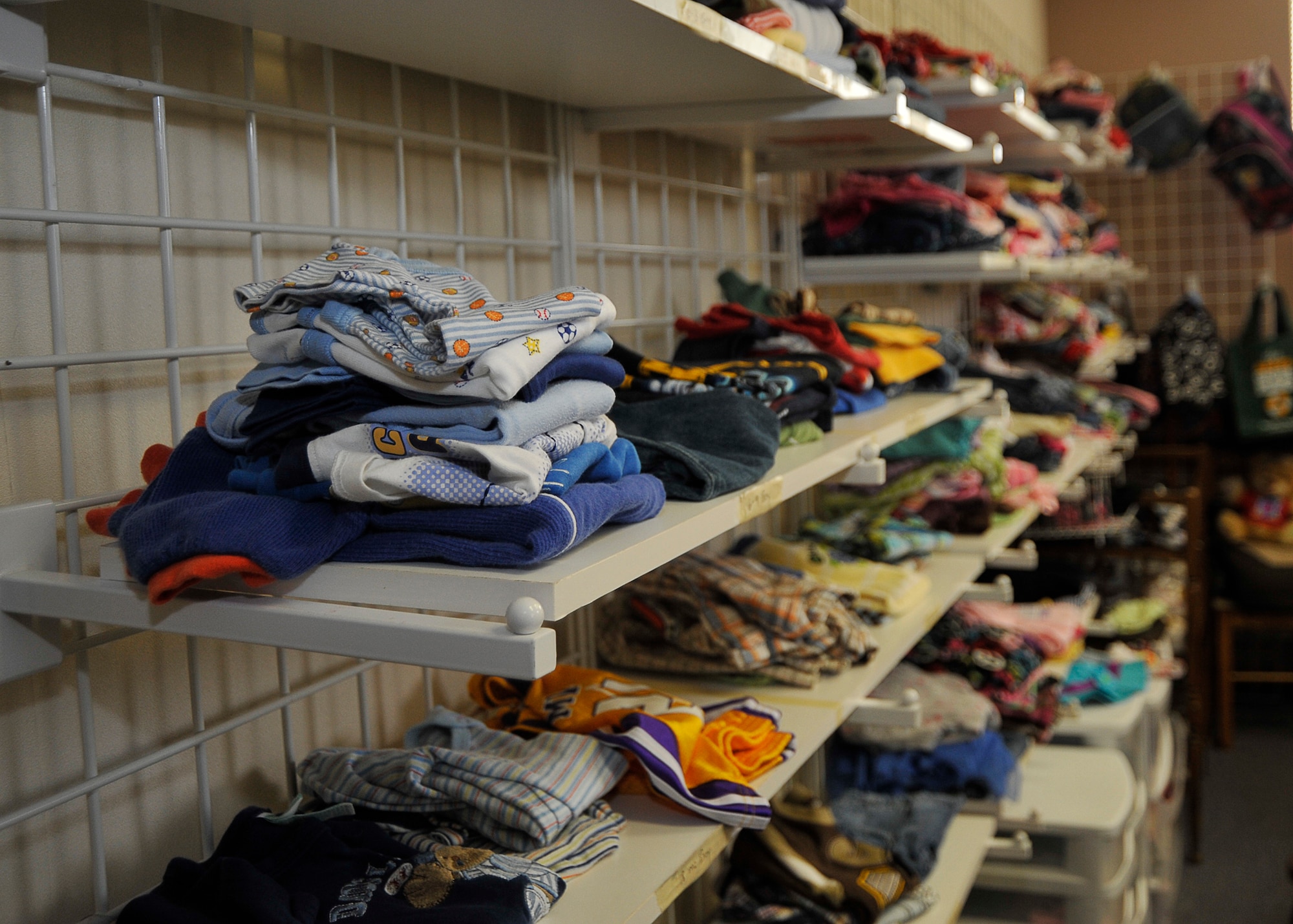 Donated clothing stands ready to be taken to a good home April 8 at the Airman’s Attic. The Airman’s attic is located at the Airmen and Family Readiness Center. (U.S. Air Force photo by Airman 1st Class Solomon Cook)