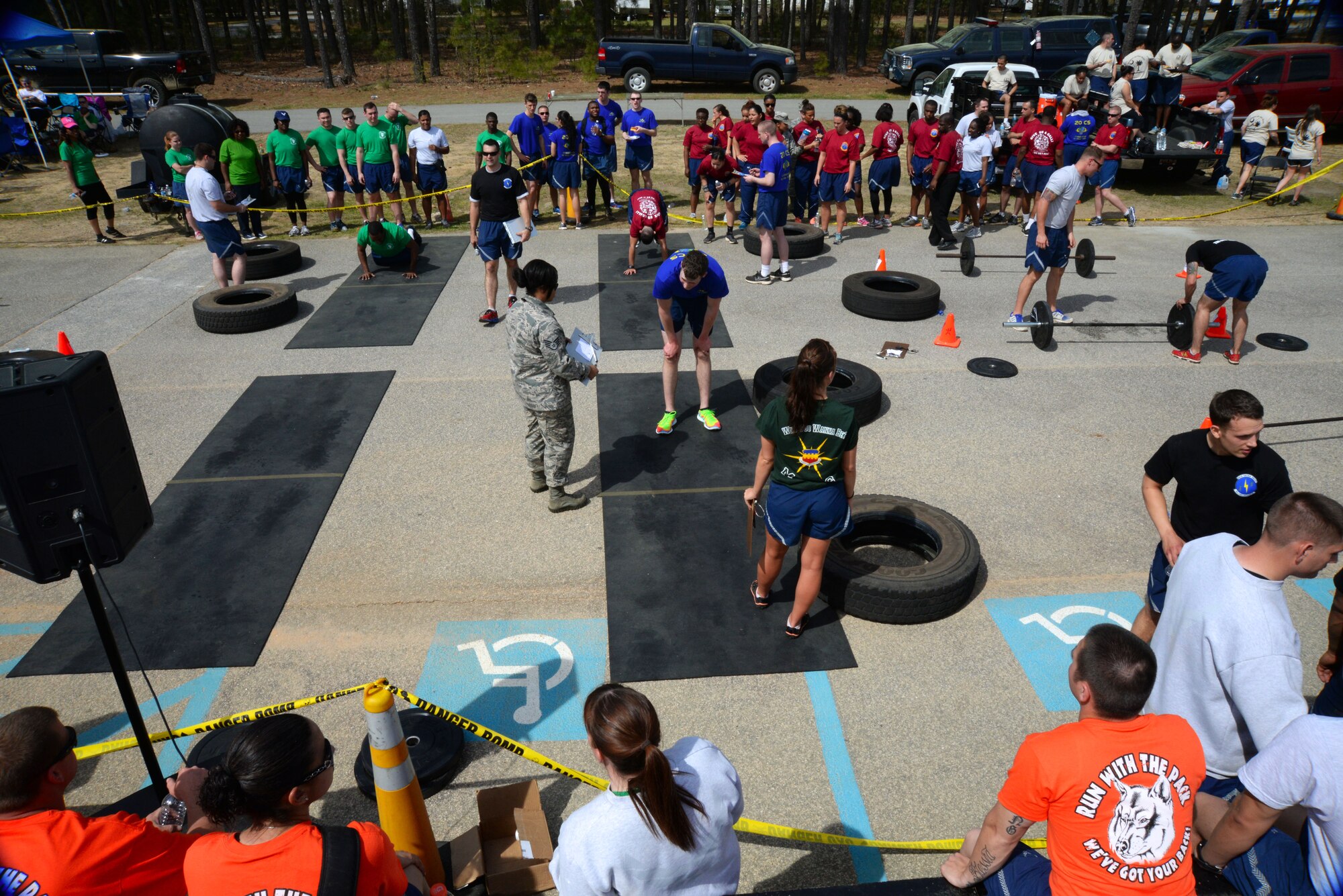 U.S. Air Force Airmen participate in a crossfit challenge during the 20th Mission Support Group Warrior Challenge at Shaw Air Force Base, S.C., April 4, 2014. During the day Airmen participated in various events to boost morale and camaraderie within the 20th MSG. (U.S. Air Force photo by Airman 1st Class Michael A. Cossaboom)