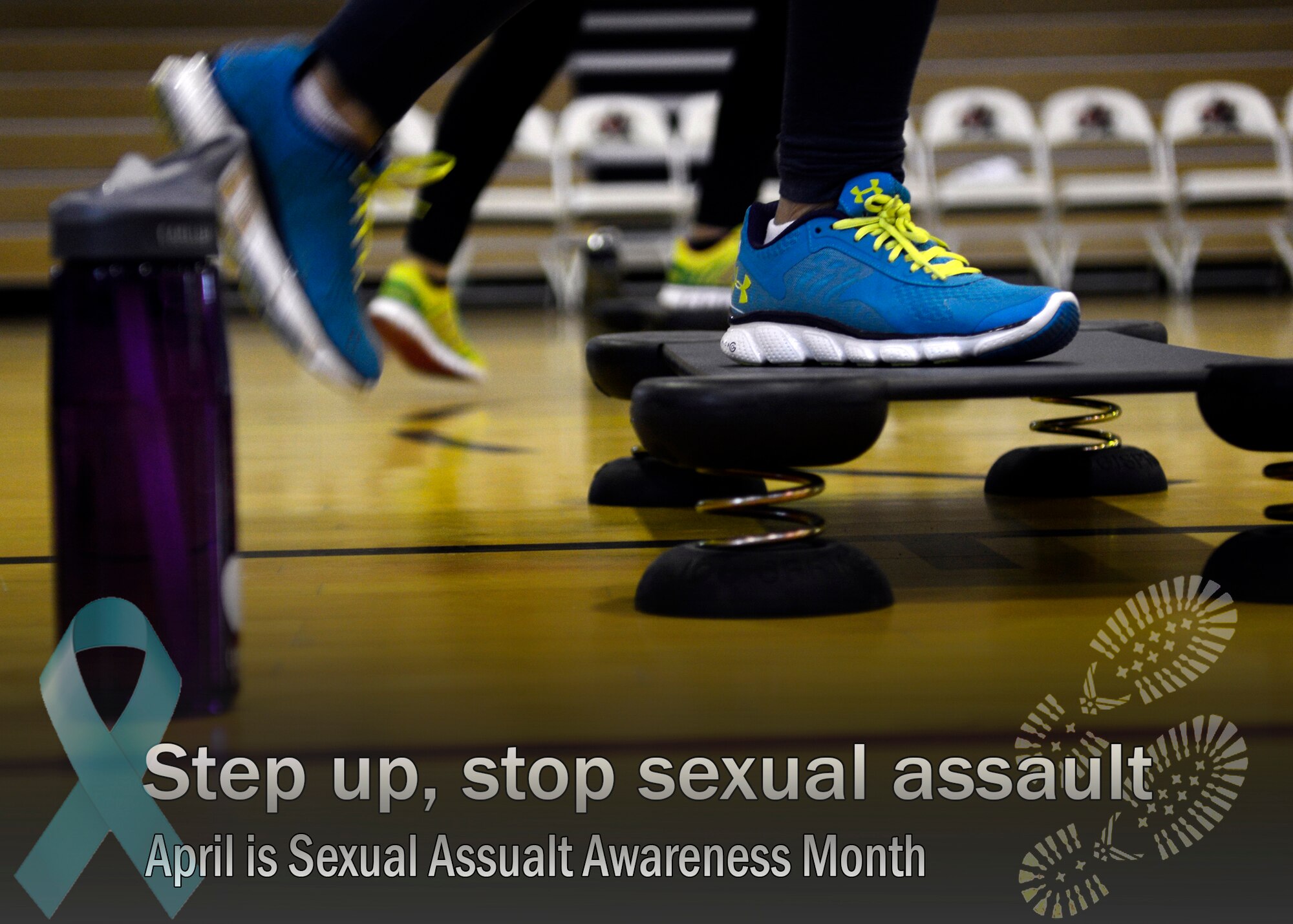 Participants in a Sexual Assault Awareness Month step aerobics class step up on elevated platforms, April 3, 2014, at Aviano Air Base, Italy. In an effort to address the growing concern of sexual assault in the Air Force, the month of April is dedicated to sexual assault prevention and response. This year, SAAM will employ the “Live Our Values: Step Up to Stop Sexual Assault” theme throughout the ranks. Team Aviano and sexual assault prevention and response leadership are stressing the importance of core values, trusting in one another, taking an active approach in prevention and holding the small number of Airmen perpetuating the circumstances accountable. (U.S. Air Force graphic/Airman 1st Class Ryan Conroy) 