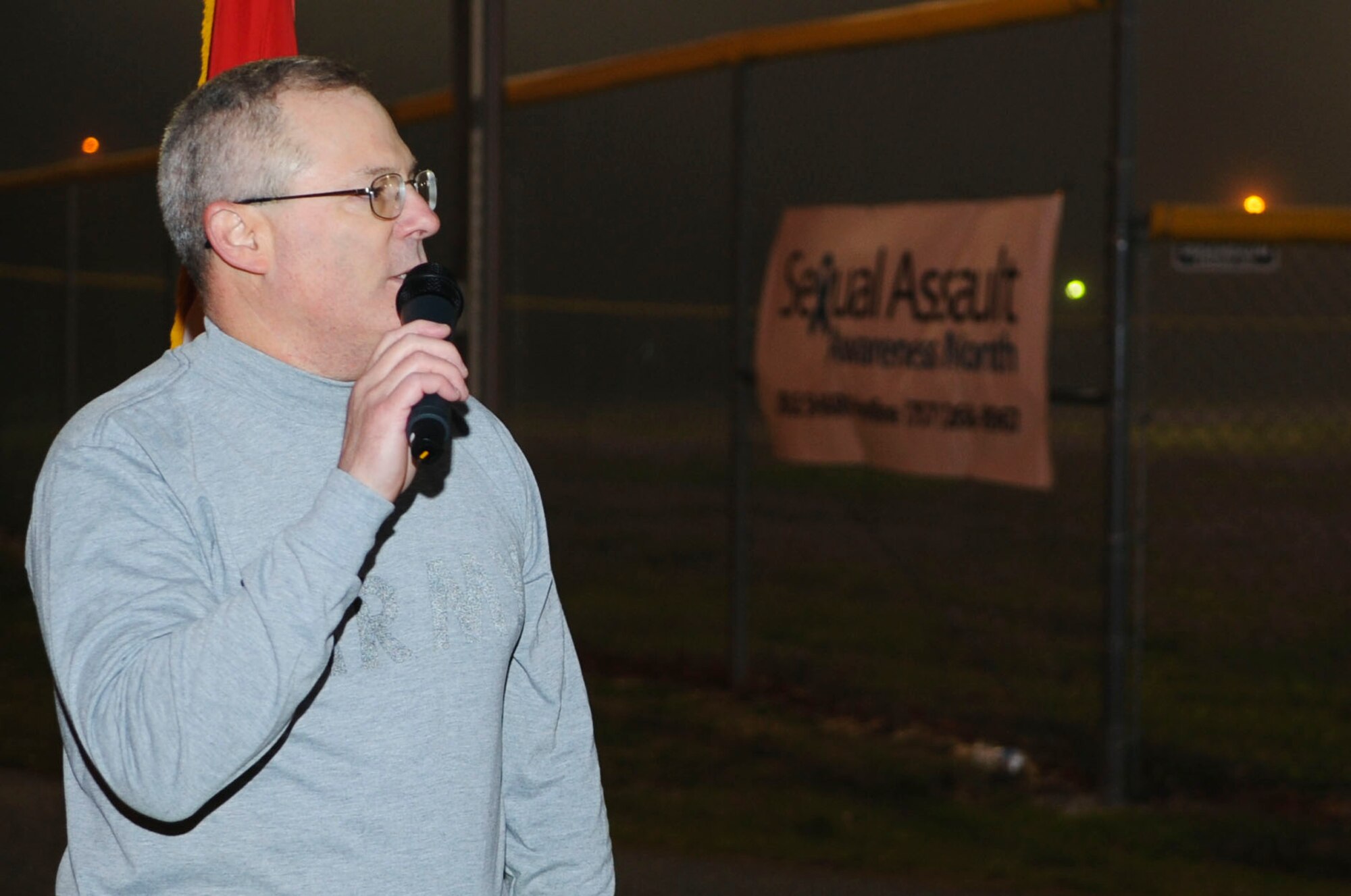 U.S. Army Maj. Gen. Ross Ridge, Initial Military Training Center of Excellence deputy commanding general, speaks before a Sexual Assault Awareness Month 5K run at Fort Eustis, Va., April 4, 2013. The 597th Transportation Brigade hosted the event. (U.S. Air Force photo by Senior Airman Austin Harvill/Released) 