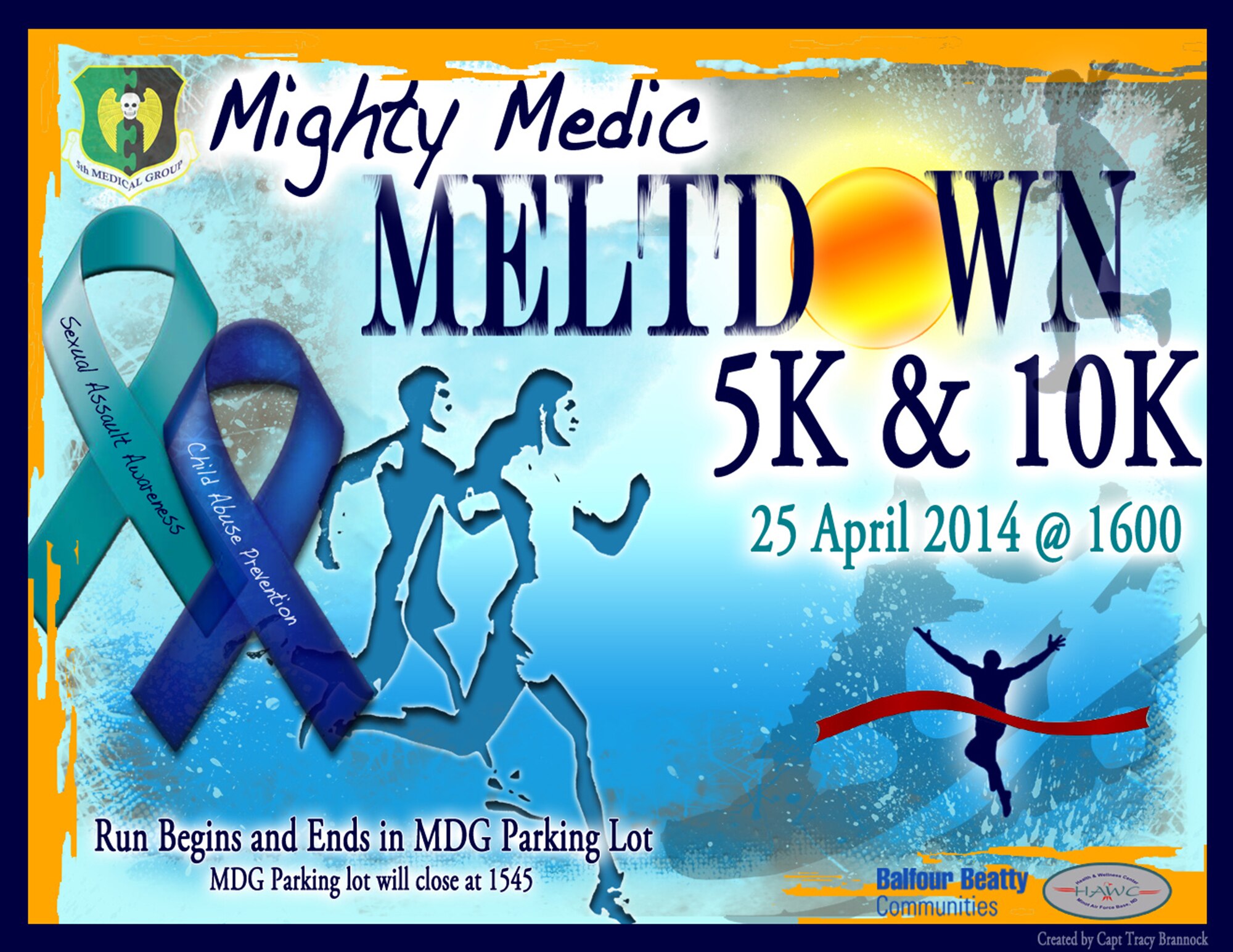 The 5th Medical Group is slated to host the Mighty Medic Meltdown 5k/10k run on April 25th at the 5 MDG parking lot.The month of April has been designated as Child Abuse Prevention and Sexual Assault Awareness Month in the United States and is being observed at Minot Air Force Base through a variety of events such as the Mighty Medic Meltdown run. (Courtesy graphic) 

