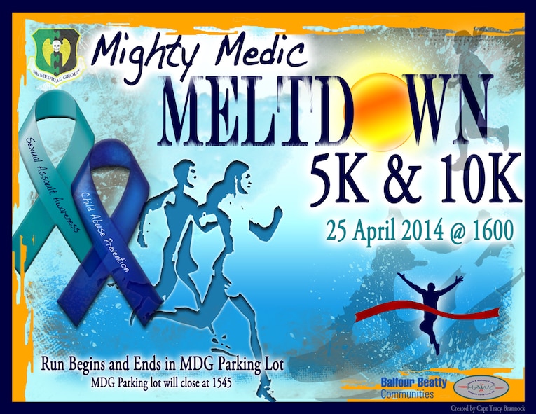 The 5th Medical Group is slated to host the Mighty Medic Meltdown 5k/10k run on April 25th at the 5 MDG parking lot.The month of April has been designated as Child Abuse Prevention and Sexual Assault Awareness Month in the United States and is being observed at Minot Air Force Base through a variety of events such as the Mighty Medic Meltdown run. (Courtesy graphic) 
