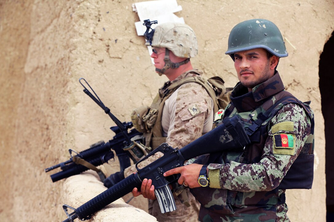 U.S. Marine Corps Sgt. Steven Pendleton and an Afghan soldier provide security during a patrol in Helmand province, March 27, 2014. Pendleton is a squad leader assigned to Bravo Company, 1st Battalion, 9th Marine Regiment.