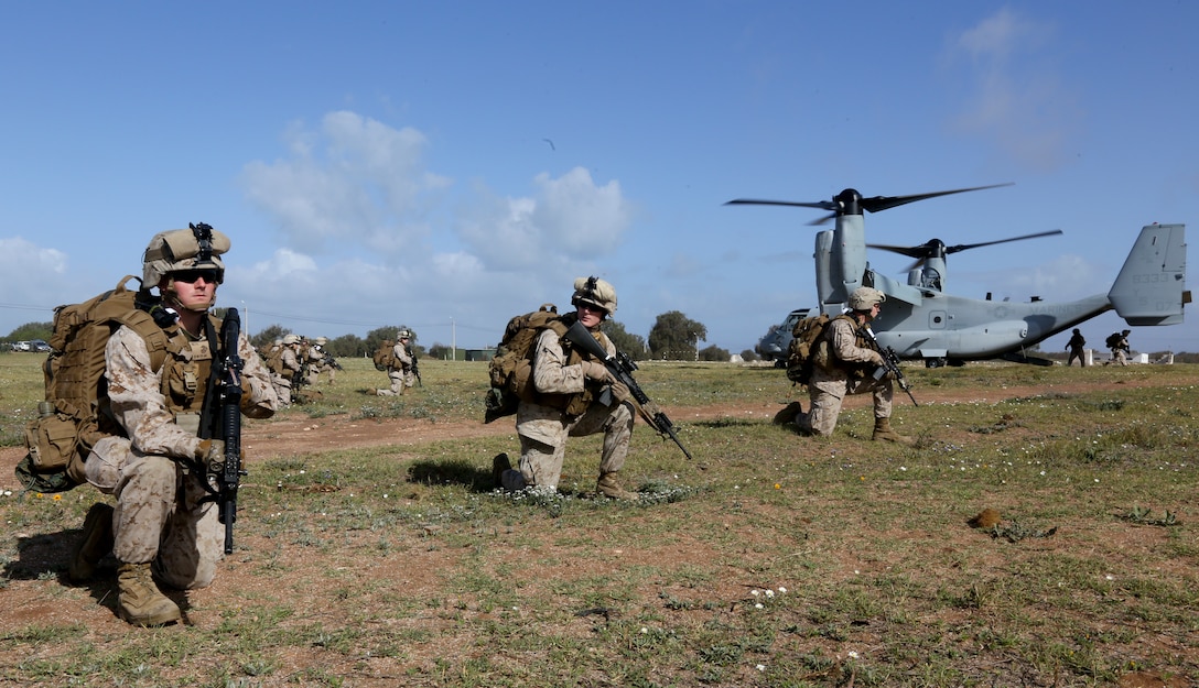 U.S. Marines with Special-Purpose Marine Air-Ground Task Force Crisis Response conduct landing zone security at Tifnit Military Instillation, Morocco, April 3, 2014 during exercise African Lion 14. SP-MAGTF Crisis Response is a self-deployable, highly mobile response force allocated to U.S. Africa Command to respond to missions in permissive and uncertain environments to protect U.S. citizens, interests and other designated persons. SP-MAGTF Crisis Response participated in the exercise  to train their rapid response capability. (U.S. Marine Corps photo by Lance Cpl. Alexander Hill/Released)
