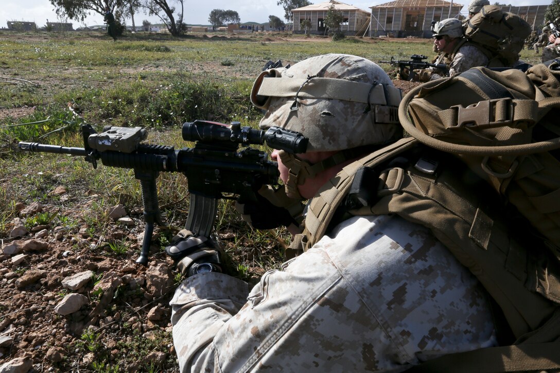 U.S. Marines with Special-Purpose Marine Air-Ground Task Force Crisis Response conduct landing zone security at Tifnit Military Instillation, Morocco, April 3, 2014 during exercise African Lion 14. SP-MAGTF Crisis Response is a self-deployable, highly mobile response force allocated to U.S. Africa Command to respond to missions in permissive and uncertain environments to protect U.S. citizens, interests and other designated persons. SP-MAGTF Crisis Response participated in the exercise  to train their rapid response capability.(U.S. Marine Corps photo by Lance Cpl. Alexander Hill/Released)
