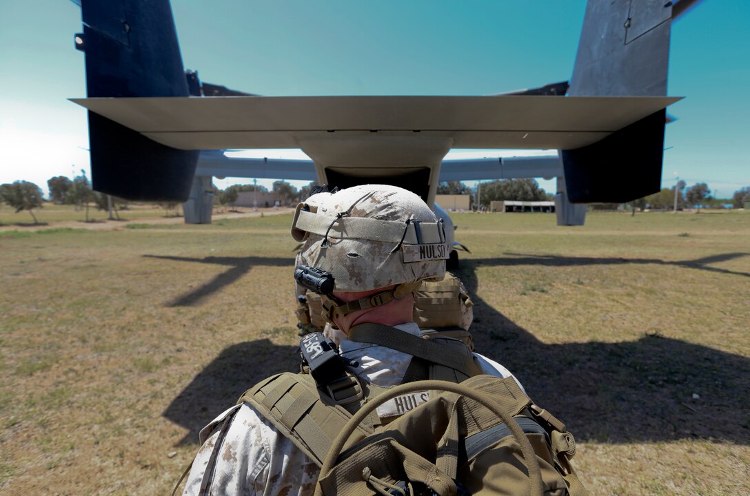 U.S. Marines of Special-Purpose Marine Air-Ground Task Force Crisis Response board an MV-22B tiltrotor Osprey from Tifnit Military Instillation, Morocco, April 3, 2014 during exercise Africa Lion 14. SP-MAGTF Crisis Response is a self-deployable, highly mobile response force allocated to U.S. Africa Command to respond to missions in permissive and uncertain environments to protect U.S. citizens, interests and other designated persons. SP-MAGTF Crisis Response participated in the exercise  to train their rapid response capability. (U.S. Marine Corps photo by Lance Cpl. Alexander Hill/Released)
