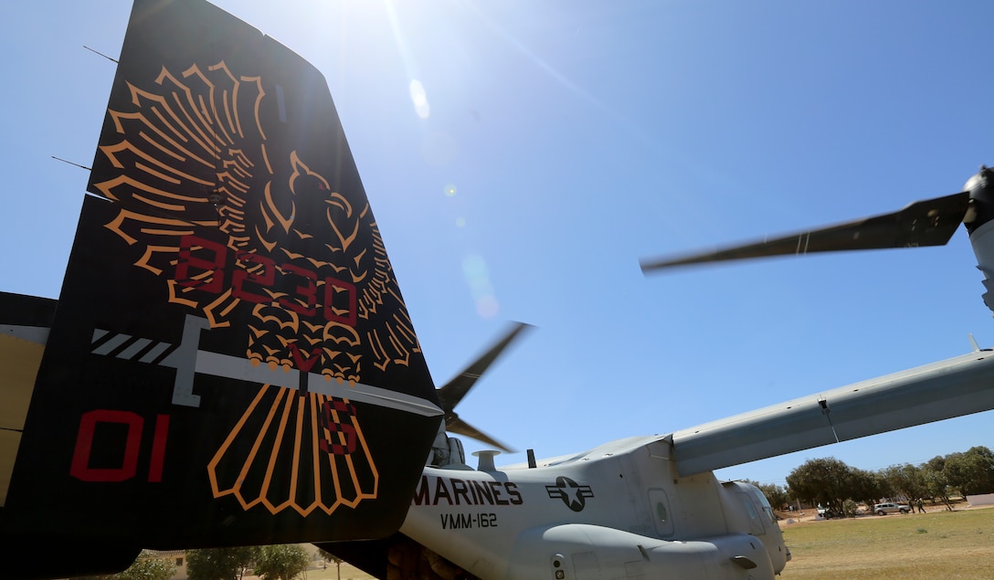 U.S. Marines of Special-Purpose Marine Air-Ground Task Force Crisis Response take-off in MV-22B tiltrotor Ospreys from Tifnit Military Instillation, Morocco, April 3, 2014 during exercise African Lion 14. SP-MAGTF Crisis Response is a self-deployable, highly mobile response force allocated to U.S. Africa Command to respond to missions in permissive and uncertain environments to protect U.S. citizens, interests and other designated persons. SP-MAGTF Crisis Response participated in the exercise  to train their rapid response capability. (U.S. Marine Corps photo by Lance Cpl. Alexander Hill/Released)
