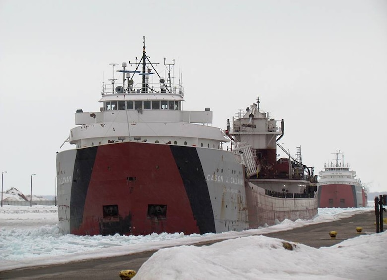 Eleven days after the locks opened, April 4, 2014, the first commercial vessel arrived to kick of the 2014 navigation season. Here the Cason J. Callaway, followed closely by the John G. Munson approach the Poe Lock. It took the convoy 9 days to cross Lake Superior with the assistance of the several icebreakers. 