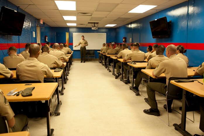 An instructor at 2nd Marine Logistics Group's Corporal’s Course, prepares his students for their final written exam during their third week of training at Camp Lejeune, N.C., March 21, 2014. The instructors at the course spent four weeks drilling the Marines on everything from combat operations to Marine Corps traditions and history.