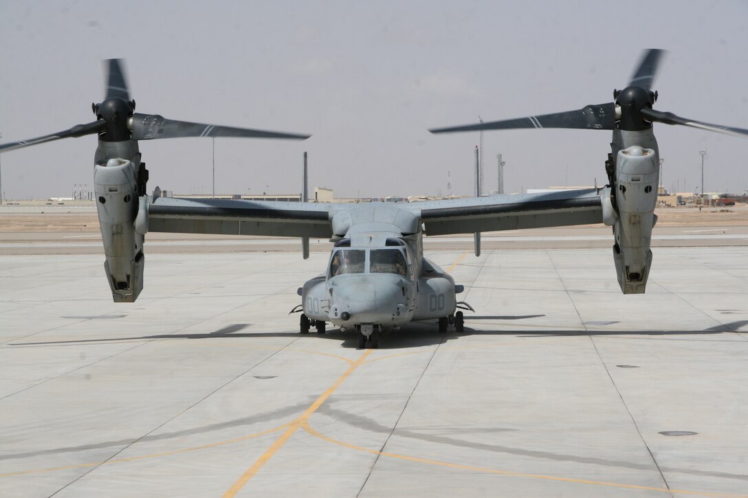 An MV-22B Osprey with Marine Medium Tiltrotor Squadron 261 maneuvers along the flightline aboard Camp Bastion, Helmand province, Afghanistan, April 5, 2014. The Marine Corps unit has the responsibility for being the first responders for casualty evacuations throughout the Regional Command (Southwest) area of operations.


