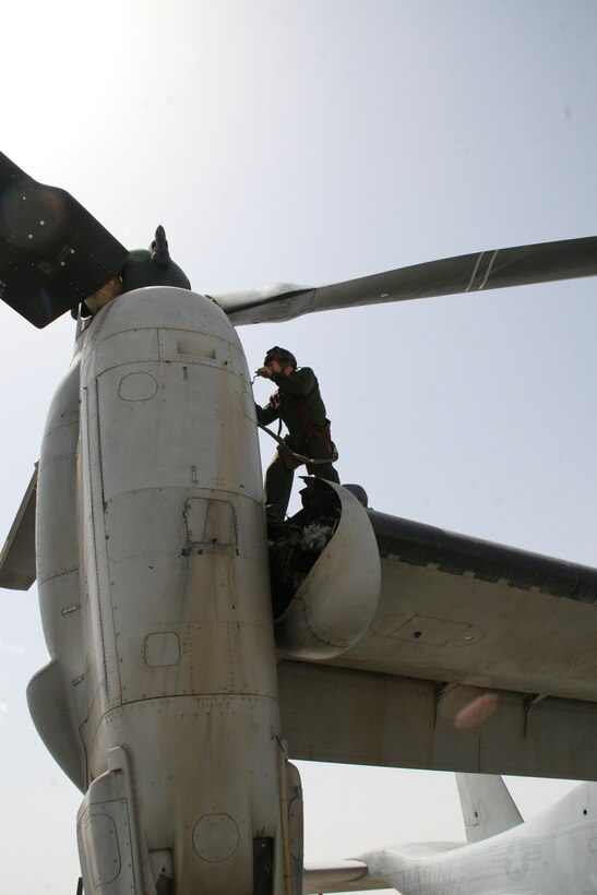 Sergeant Josiah M. Fox, a crew chief with Marine Medium Tiltrotor Squadron 261, works on an MV-22B Osprey in order to maintain the aircraft’s readiness aboard Camp Bastion, Helmand province, Afghanistan, April 5, 2014. The Marine Corps unit has the responsibility for being the first responders for casualty evacuations throughout the Regional Command (Southwest) area of operations.

