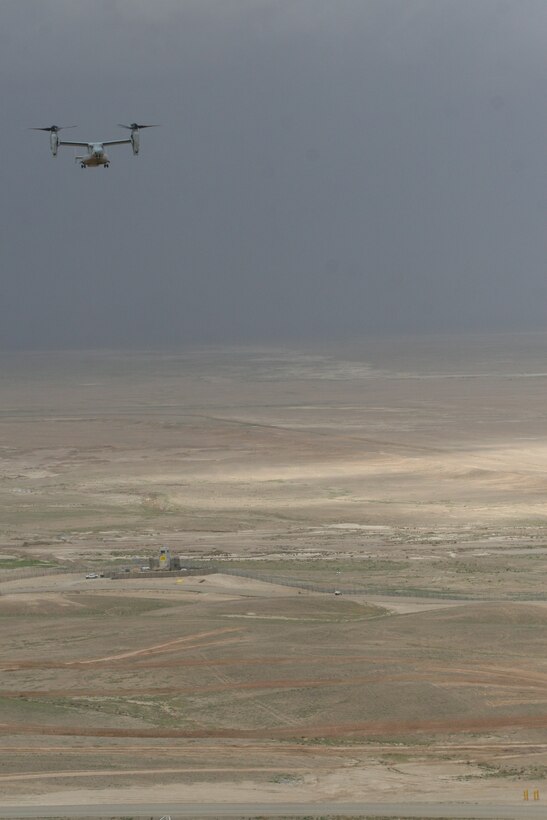 An MV-22B Osprey with Marine Medium Tiltrotor Squadron 261 flies over Helmand province, Afghanistan, during a routine flight, April 5, 2014. The Marine Corps unit has the responsibility for being the first responders for casualty evacuations throughout the Regional Command (Southwest) area of operations

