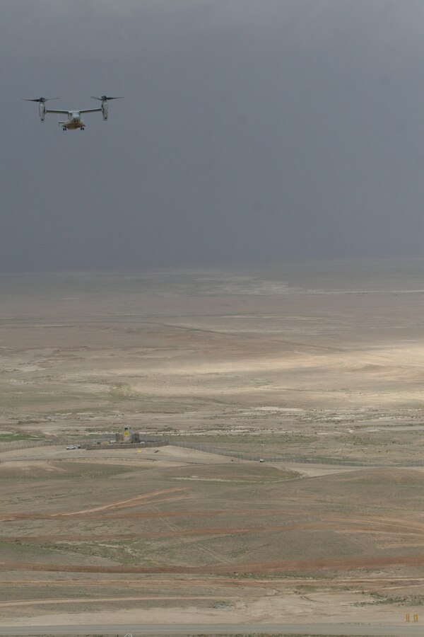An MV-22B Osprey with Marine Medium Tiltrotor Squadron 261 flies over Helmand province, Afghanistan, during a routine flight, April 5, 2014. The Marine Corps unit has the responsibility for being the first responders for casualty evacuations throughout the Regional Command (Southwest) area of operations

