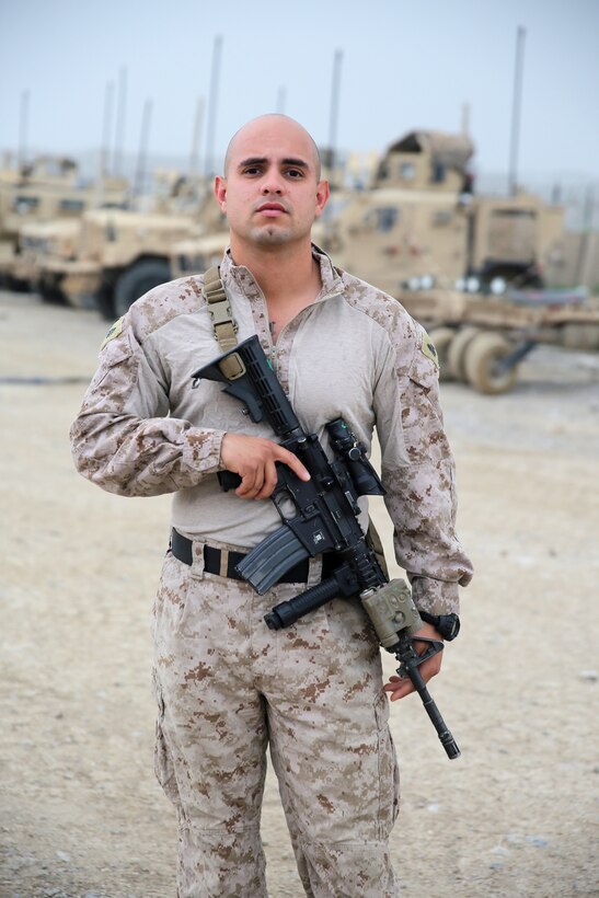 Sergeant Troy Garza, squad leader, Charley Company, 1st Battalion, 7th Marine Regiment, is currently deployed to Sangin, Afghanistan, for his second time. Garza, a native of Harlingen, Texas, first deployed to Sangin with 3rd Battalion, 5th Marine Regiment, during 2010. The battalion sustained more than 200 Marines wounded in action and 28 Marines killed in action, which rendered them almost combat ineffective. Garza’s mission is entirely different this time because the Afghans are now the lead element, and Charley Co. is preparing to transfer full security responsibilities to them.
(U.S. Marine Corps photo by Cpl. Joseph Scanlan / released)
