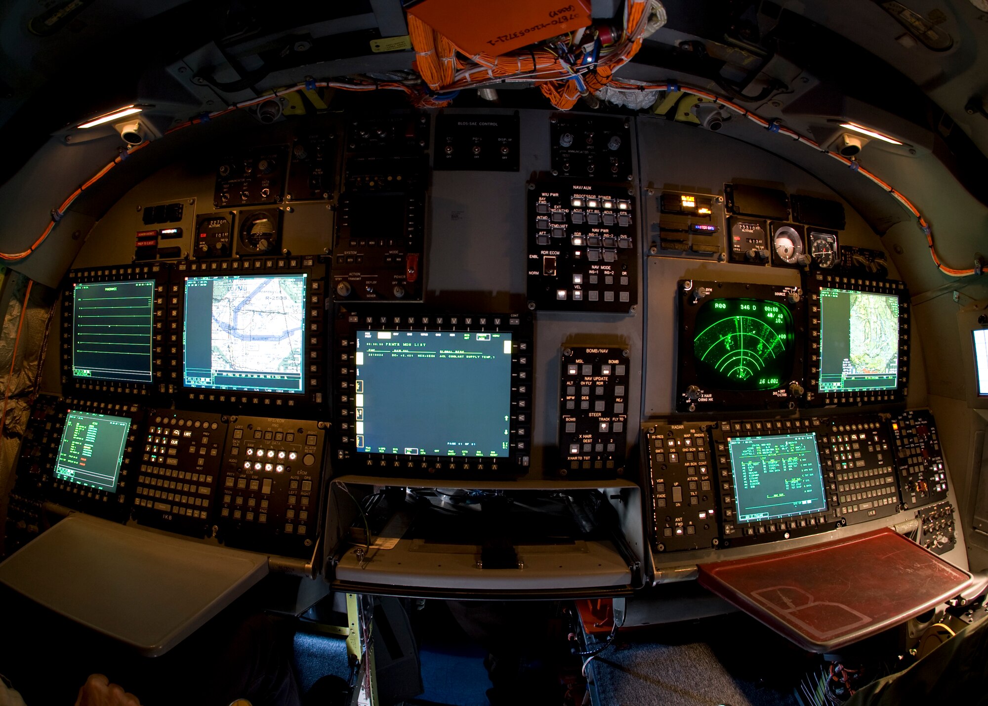 An interior view of the B-1B Lancer back station. The 419th Flight Test Squadron began testing Sustainment Block 16A (SB 16A) software upgrades at Edwards Air Force Base, Calif., on April 1, to work in conjunction with the long-range bomber’s new glass cockpit configuration. (U.S. Air Force photo by Chad Bellay)