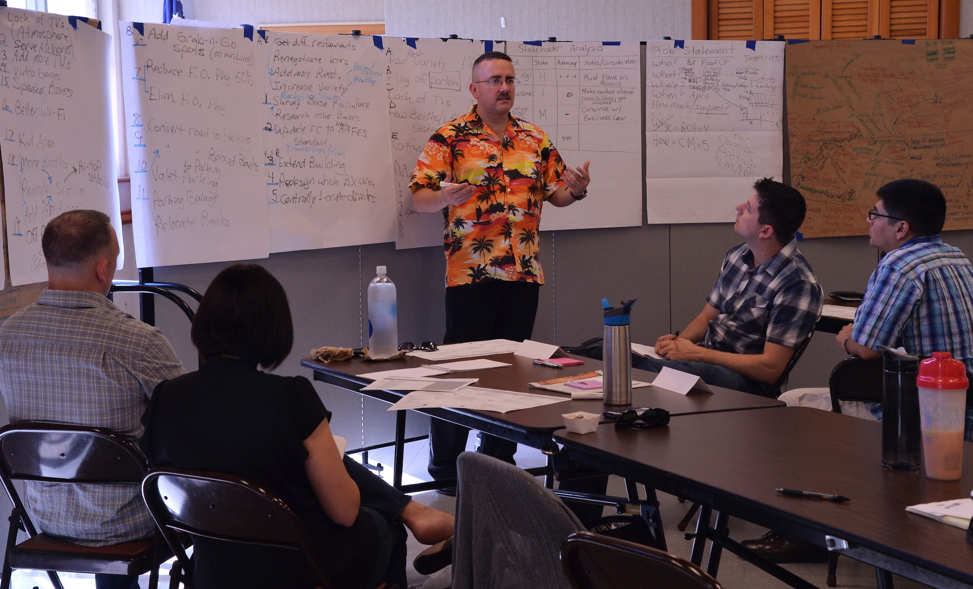 Lt. Col. Matt Keihl, Pacific Air Forces chief of Continuous Process Improvement Division, explains how to use various problem solving tools and resources during an Air Force Smart Operations of the 21st Century Green Belt Academics Course at Joint Base Pearl Harbor-Hickam, Hawaii, March 27, 2014. The academics course is the first step in a certification process for individuals wanting to be an AFSO21 facilitator. (U.S. Air Force photo/Staff Sgt. Alexander Martinez)