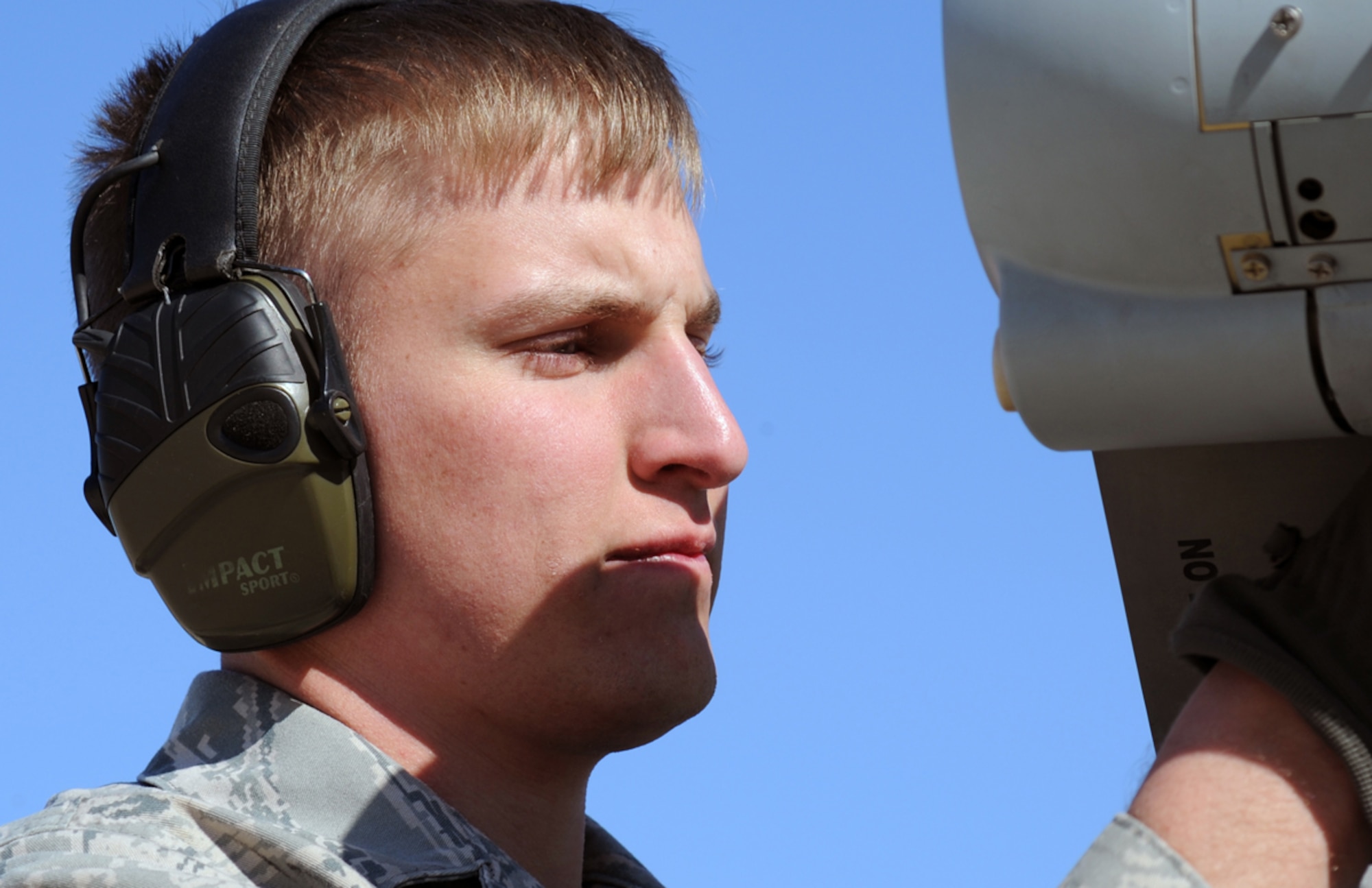 Senior Airman Taylor Bechtol, a member of the 90th Aircraft Maintenance Unit, works on the flightline during a Weapon Systems Evaluation Program at Tyndall Air Force Base, Fla. March 26, 2014. The 90th AMU, from Joint Base Elmendorf-Richardson, Alaska, had their people, equipment and procedures validated at Tyndall Air Force Base. (U.S. Air Force photo/Master Sgt. Scott Wilcox)