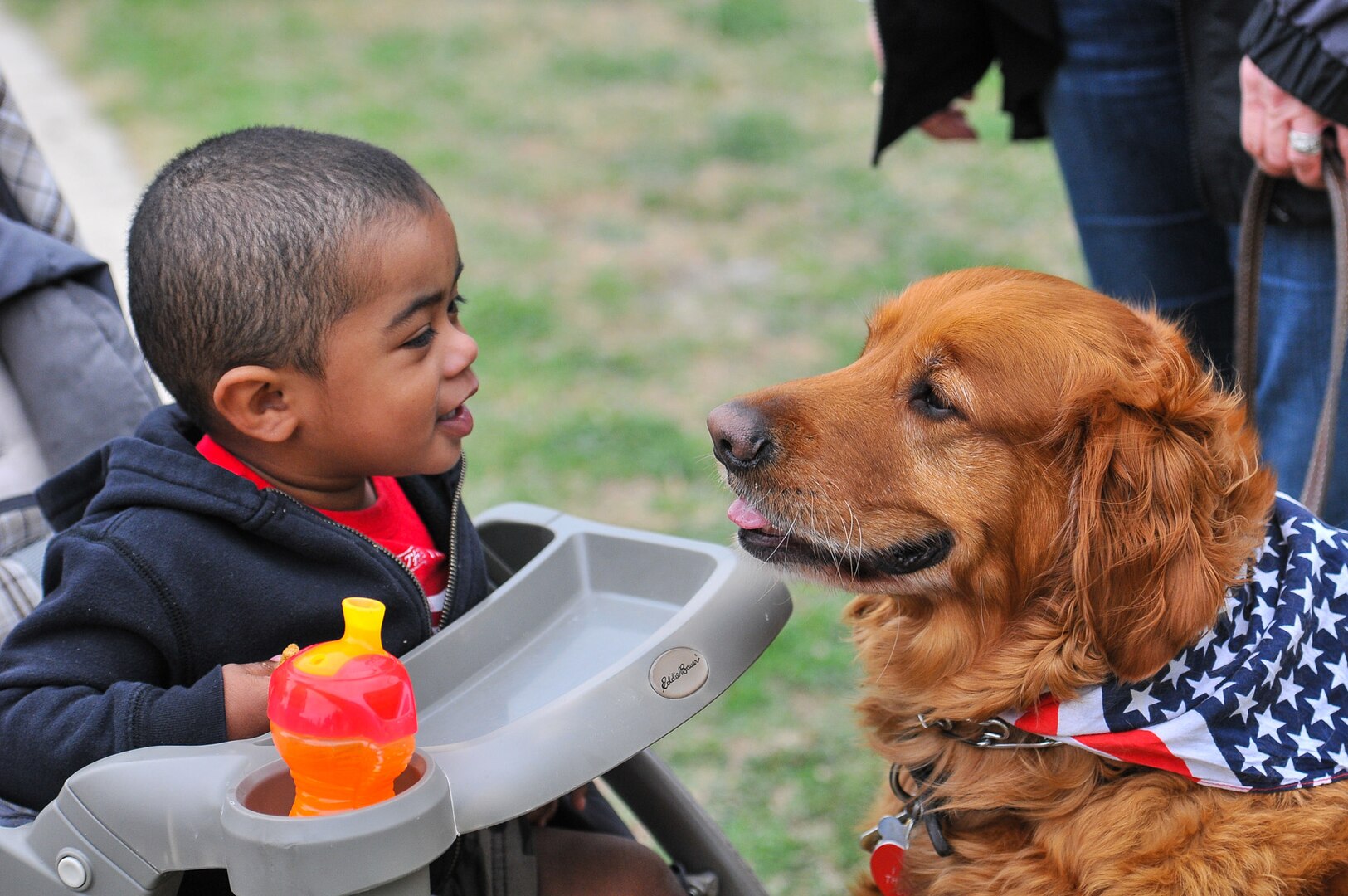 Jake, a seven-year-old golden retriever, interacts with 21-month-old Jaiden Robinson during the inaugural Air Force Intelligence, Surveillance and Reconnaissance Agency Field Day and Family Picnic honoring its deployed members and their families at Joint Base San Antonio - Lackland, Texas April 5. Therapy dogs like Jake are being used by an increasing number of agency units to help troops cope with the rigors of military life. (U.S. Air Force photo by William Belcher)  