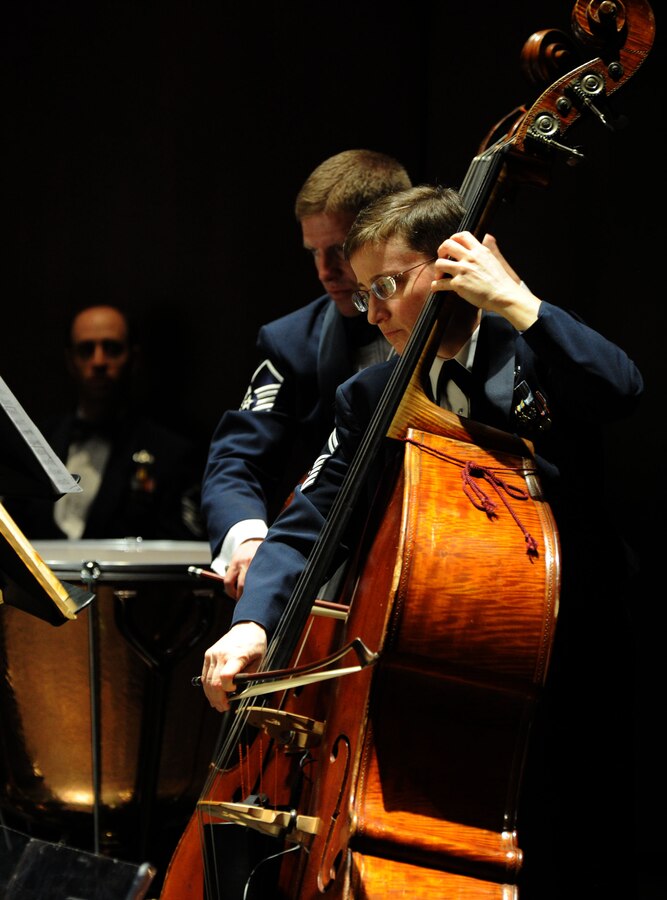 Senior Master Sgt. Chris Kosky and Master Sgt. Matthew Murray perform during a concert by The U.S. Air Force Band at Monroe Community College in Monroe, Mich., April 8, 2014. Kosky, a native of South Haven, Ind., is a bassist with the Concert Band, the Band’s largest ensemble. Murray, a native of Winona, Minn., is a double bassist and bass guitarist with the Singing Sergeants. (U.S. Air Force photo/Master Sgt. Tammie Moore)