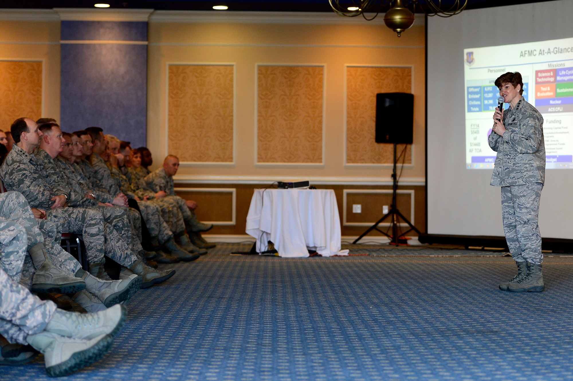U.S. Air Force Gen. Janet C. Wolfenbarger, commander of Air Force Materiel Command, speaks to Airmen during a commander’s call at Langley Air Force Base, Va., April 9, 2014. Wolfenbarger, the first female four-star general in the Air Force, spent the day visiting with Airmen assigned to the 735th Supply Chain Operations Group. (U.S. Air Force photo by Senior Airman Kayla Newman/Released)
