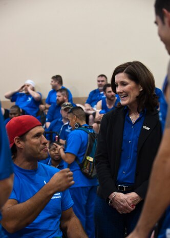Mrs. Betty Welsh, Chief of Staff of the Air Force General Mark A. Welsh’s III wife, speaks with wounded warrior athlete Ryan Pinney, before practice at the Air Force Wounded Warrior Team Trials at the Warrior Fitness Center, April 7, 2014, at Nellis Air Force Base, Nev. The Wounded Warrior Trials is a selection camp for the Air Force Wounded Warrior Team. (U.S. Air Force photo by Airman 1st Class Spangler)