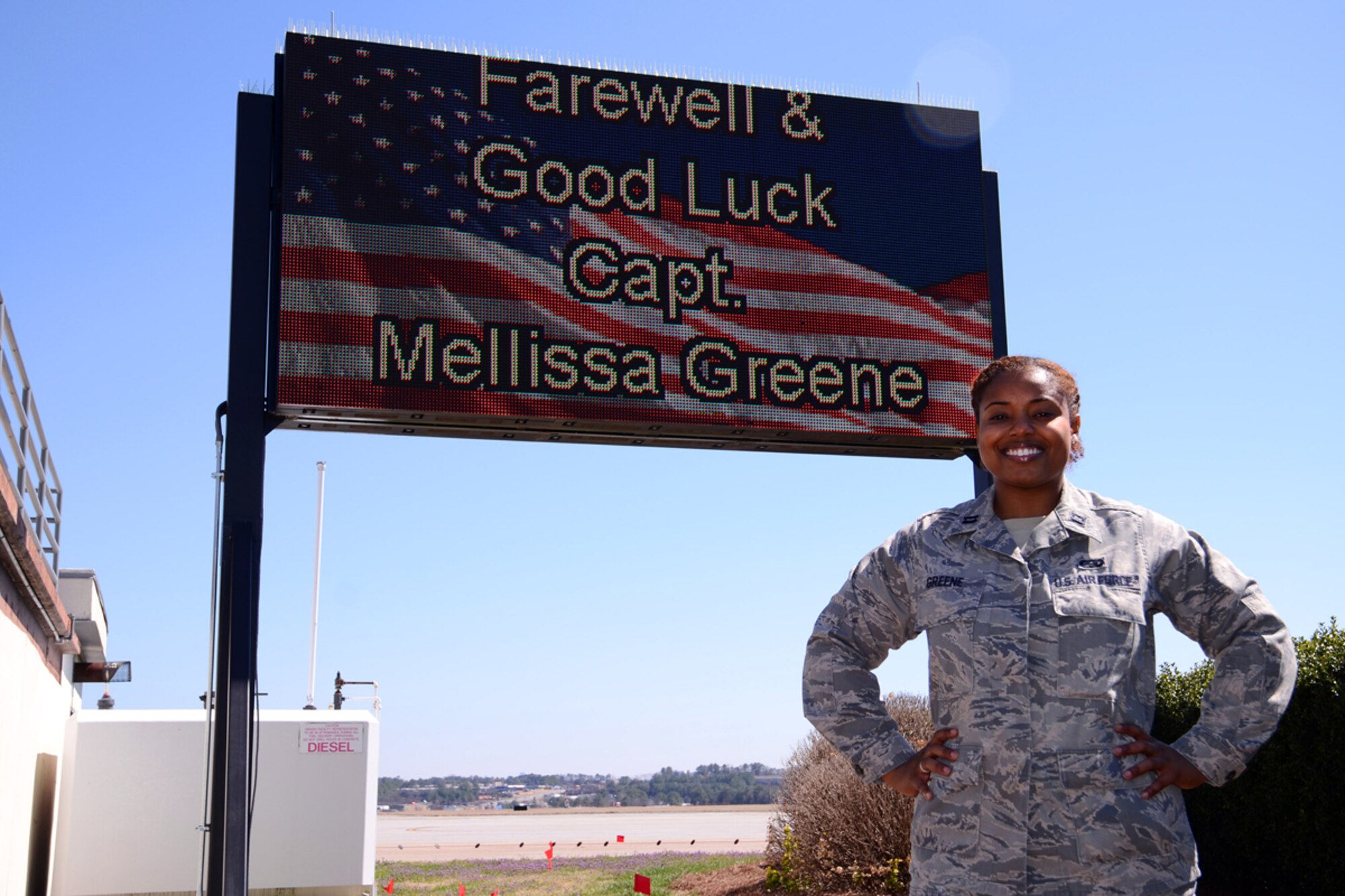 Capt. Melissa Greene, former 94th Airlift Wing executive officer, departs Dobbins Air Reserve Base March 13, and begans the next stage of her Air Force career. Green served as the 94th Mission Support Group executive officer 2009-2011, and as the 94th Force Support Squadron Personnel Systems and Readiness officer-in-charge. (U.S. Air Force photo/Brad Fallin)