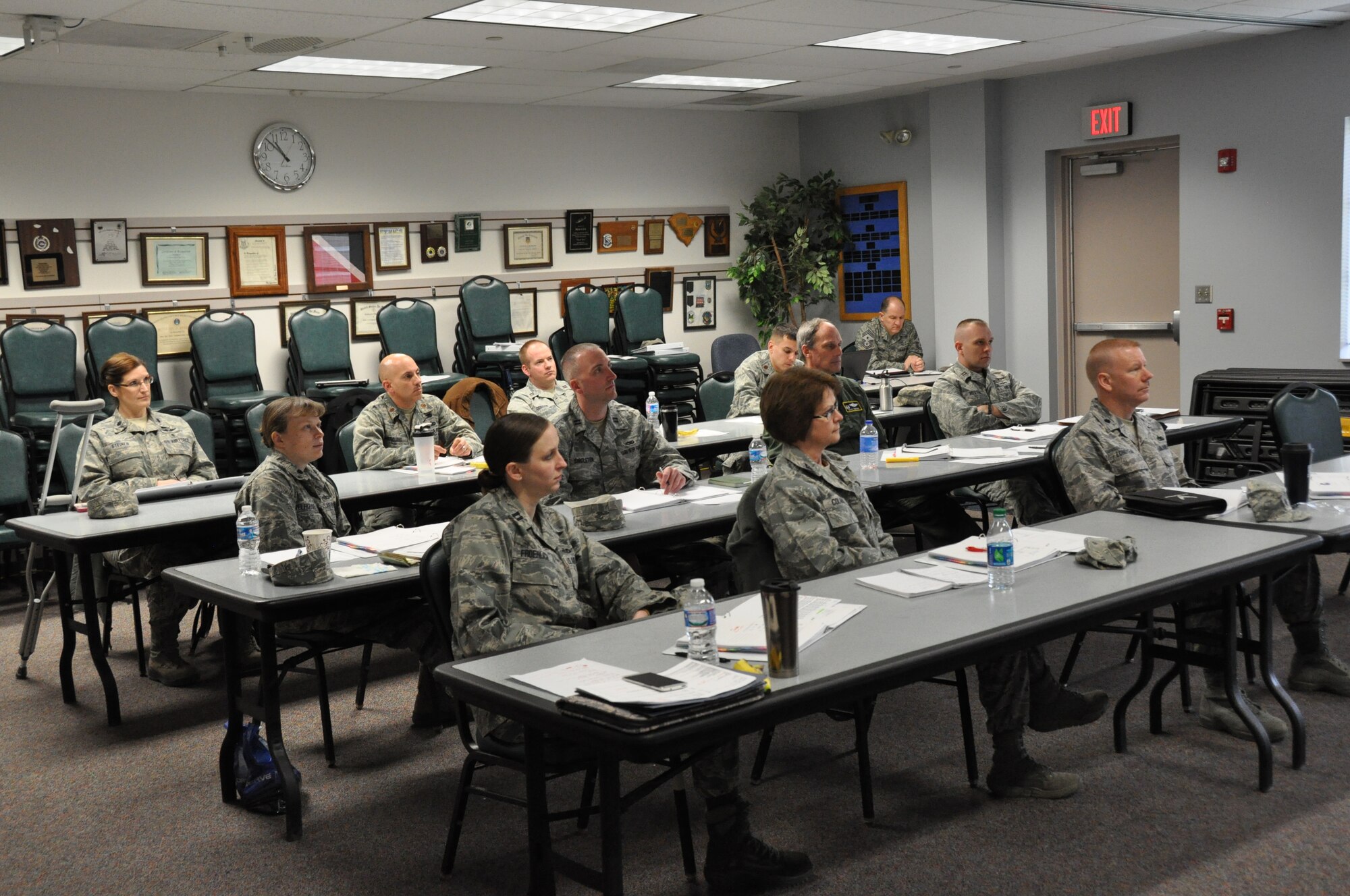 Group and squadron commanders of the 911th Airlift Wing attend classes on subjects such as money management, government travel cards and duty limiting conditions of subordinates as part of a Commander's Training Course, or "Commander's Boot Camp," April 3, 2014. The objective of the course was to familiarize commanders with programs available to them and to reeducate them in the many uses of processes they use every day. (U.S. Air Force photo by Senior Airman Marjorie A. Bowlden)
