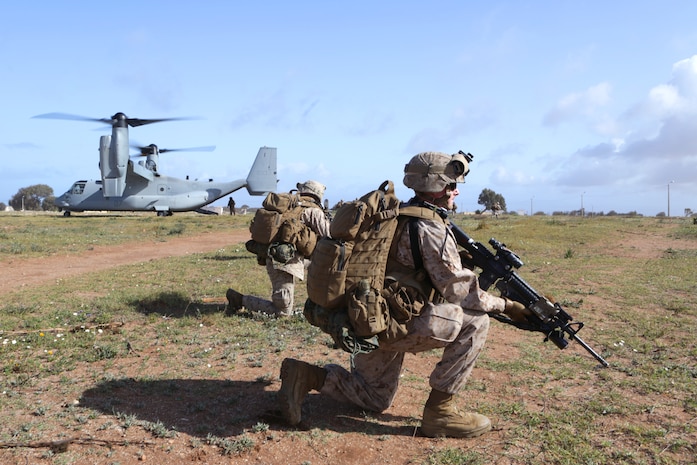 Two MV-22B Ospreys from Special-Purpose Marine Air-Ground Task Force Crisis Response fly by a Moroccan flag during a rapid-response demonstration to multinational observers of African Lion 14. Exercise African Lion is U.S. Africa Command’s flagship program in Northern Africa to build partner-nation capacity and interoperability. The African Lion 14 Observer Program was built to showcase the exercise to potential participants, setting the foundation for more robust military engagements in future iterations. The U.S. Marine Corps Forces Europe and Africa-led engagement is one of the biggest of its kind on the continent and, during African Lion 14, hosted a multilateral event that included military observers from Mauritania, Egypt, Tunisia, Turkey, Great Britain, Belgium, the Netherlands, Portugal, Germany, Spain, Senegal, Poland, Turkey, Italy, and France.

