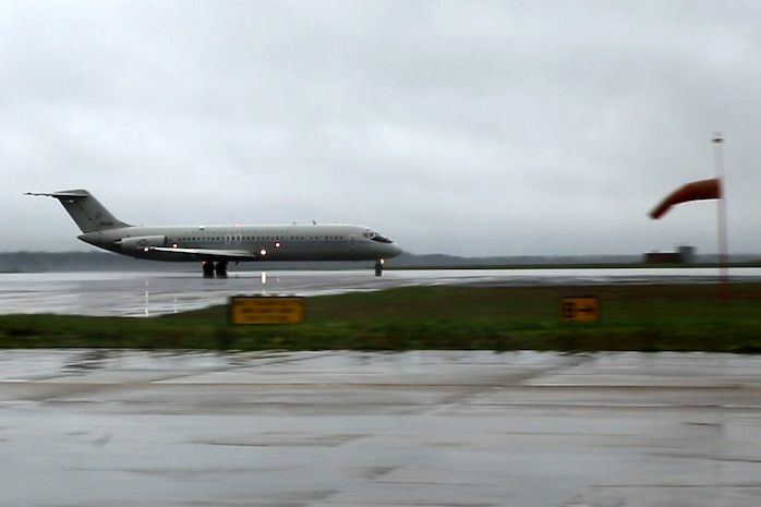 A UC-9B Skytrain launches down a Marine Corps Air Station Cherry Point, N.C. runway April 8, 2014. The C-9 is a Marine Transport Squadron 1 asset and is used for the transportation of essential personnel and equipment. Following 51 years of safety initiatives, high quality maintenance and consistent focus on the basics, VMR-1 was recognized for surpassing 250,000 Class A mishap-free flight hours. (U.S. Marine Corps photo by Lance Cpl. Andrea Cleopatra Dickerson/Released)