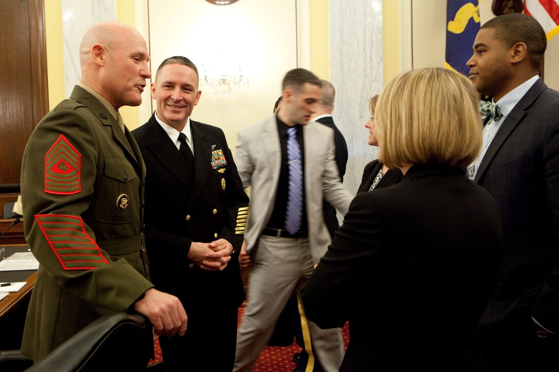 Sergeant Major of the Army Raymond F. Chandler, Master Chief Petty Officer of the Navy Michael D. Stevens, Sergeant Major of the Marine Corps Micheal P. Barrett, and Chief Master Sergeant of the Air Force James A. Cody, testify before the Senate Subcommittee on Personnel at the Russell Senate Office Building in Washington, D.C., on April 9, 2014. (U.S. Marine Corps photo by Sgt. Marionne T. Mangrum)