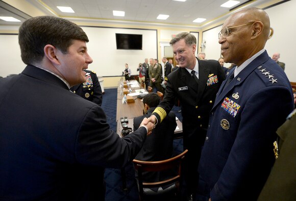 The Air Force Vice Chief of Staff Gen. Larry O. Spencer and Adm. Mark E. Ferguson III, the vice chief of naval operations, are greeted by Rep. Steven Pallazzo (R-Miss) before Spencer testified on the Air Force Readiness Posture April 10, 2014, before the House Armed Services Committee in Washington, D.C. “Readiness is critical for your Air Force,” Spencer said. “The Air Force’s range, speed, and agility enable us to quickly respond to national missions and gives our Nation an indispensable advantage that we must retain as we plan for an uncertain future.” (U.S. Air Force photo/Scott M. Ash)