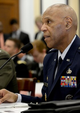 The Air Force Vice Chief of Staff Gen. Larry O. Spencer testifies on the Air Force Readiness Posture April 10, 2014, before the House Armed Services Committee in Washington, D.C. Spencer shared the witness table with Gen. John F. Campbell, the vice chief of staff of the U.S. Army; Adm. Mark E. Ferguson III, the vice chief of naval operations; and Gen. John M. Paxton Jr., the assistant commandant of the Marine Corps. (U.S. Air Force photo/Scott M. Ash)