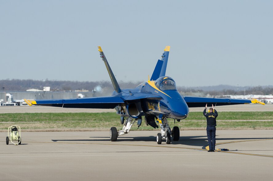 A U.S. Navy Blue Angels F/A-18 Hornet parks on the flight line at the Kentucky Air National Guard Base in Louisville, Ky., April 10, 2014. The Blue Angels are performing in this weekend's Thunder Over Louisville air show. (U.S. Air National Guard photo by Maj. Dale Greer)