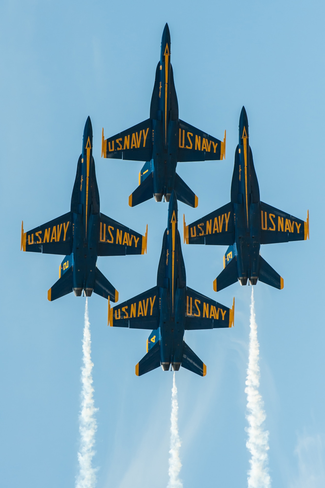 The U.S. Navy Blue Angels practice their aerial demonstration routine over the Ohio River in downtown Louisville, Ky., April 10, 2014. The Blue Angels are performing in this weekend's Thunder Over Louisville air show. (U.S. Air National Guard photo by Maj. Dale Greer)