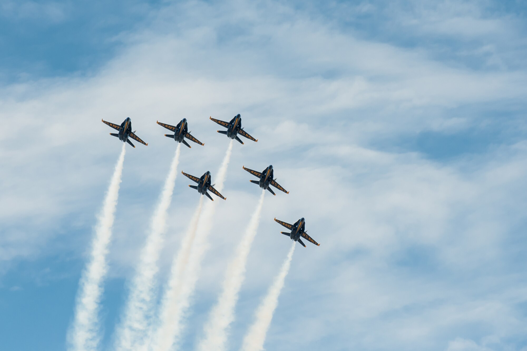 The U.S. Navy Blue Angels practice their aerial demonstration routine over the Ohio River in downtown Louisville, Ky., April 10, 2014. The Blue Angels are performing in this weekend's Thunder Over Louisville air show. (U.S. Air National Guard photo by Maj. Dale Greer)