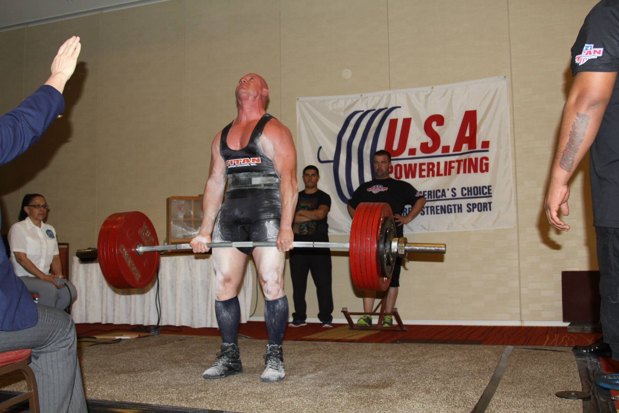 Chief Master Sgt. Troy Saunders, Pacific Air Forces vehicle management functional manager, deadlifts 633 pounds while competing in the 2014 Military National Powerlifting Championships March 15, 2014, in Killeen, Texas. Saunders' lifts for squat, bench press and deadlift totaled 1,526 pounds, earning him 11 gold medals,
five military national and four American records. (Courtesy photo)
