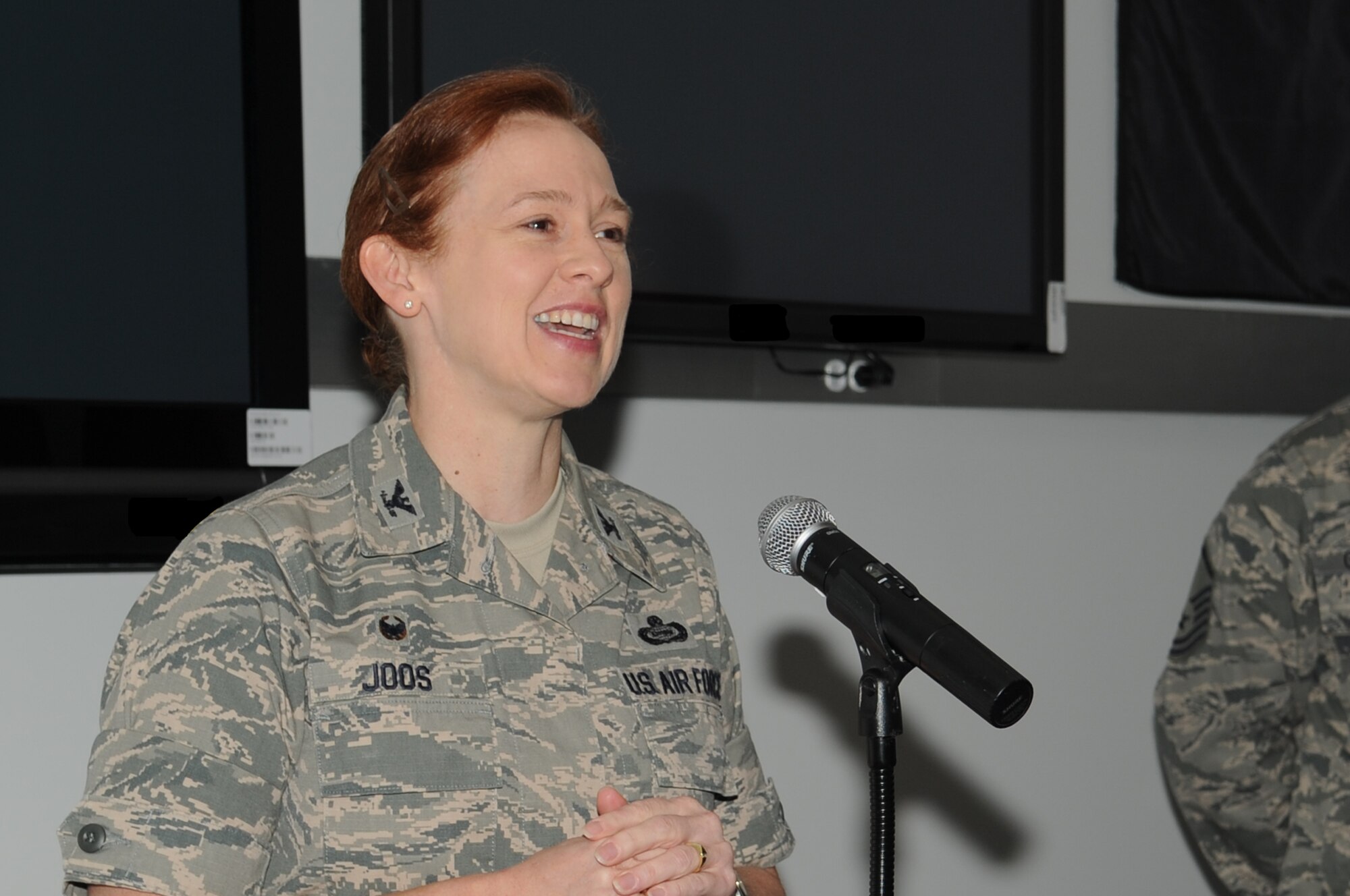 GOODFELLOW AIR FORCE BASE, Texas -- Col. Kimberlee P. Joos, 17th Training Wing Commander, gives an opening speech during the Joint Intelligence Technical Training Facility’s open house here March 29. More than 240 San Angelo community and base members attended the open house. (U.S. Air Force photo/ Staff Sgt. Laura R. McFarlane)